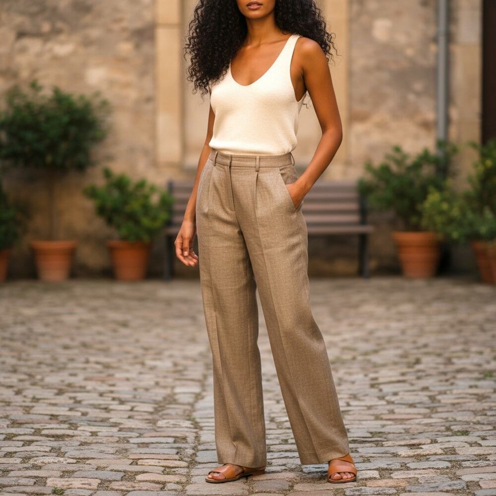 Lafayette 148 Pants Women Size 8 (32x31) Brown Wide Leg Silk Blend Linen Trouser